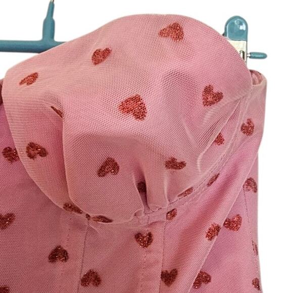 Betsy Johnson Pale Pink Glittery Heart Printed Tulle Romantic Midi Dress - Picture 5 of 10